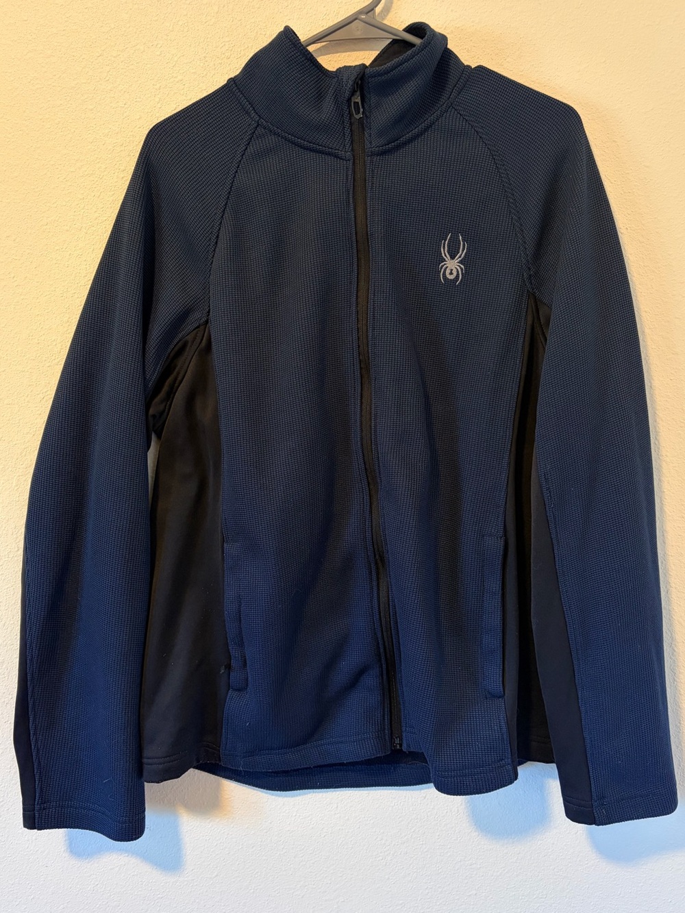 Spyder Mens Large Frontier Full Zip Waffle Fleece Jacket Navy Blue Black Outdoor